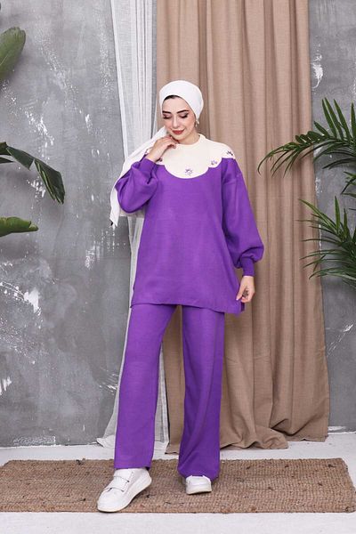 Zümrüt stone detailed, flower collar winter sweater and pants, double knitwear set1610