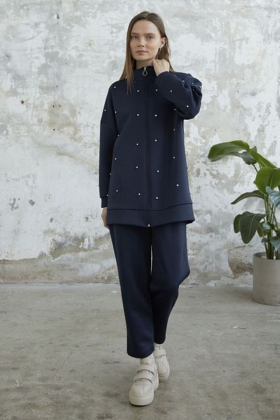 InStyle Stone Detailed Zippered Scuba Set - Navy Blue
