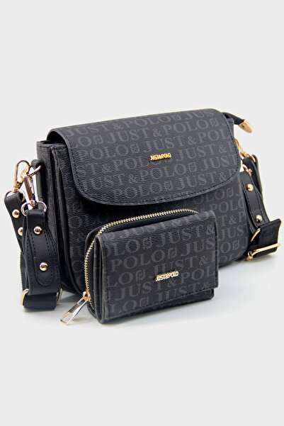 Just Polo حقيبة كتف نسائية سوداء بحزام عمودي للموسم الجديد مكونة من 4 أقسام و...
