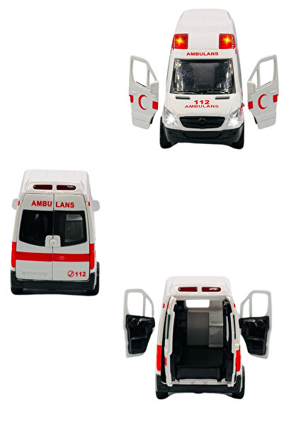welcomein Boxed Toy Licensed Metal Pull Drop Mercedes Ambulance 1:30 Scale with Sound and Light Doors Opened