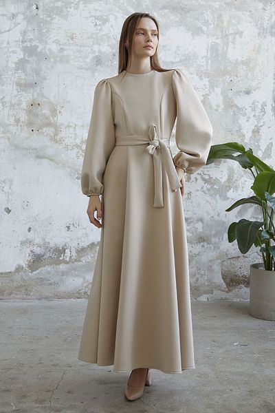 InStyle Scuba-Kleid mit Ballonärmeln und Gürtel - Stein