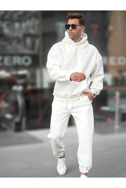 CMZ COLLECTİON Ανδρικό Σετ Φόρμας OB - Λευκή Ζακέτα με Κουκούλα, 3 Κλωστές Ρα...