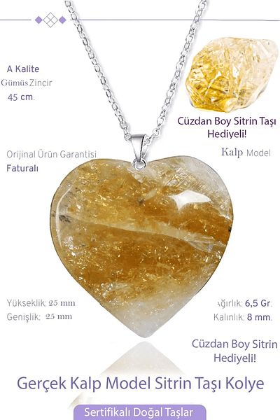 Tesbih Atölyesi Certified Real Heart Model Citrine Stone Necklace (Property Stone)
