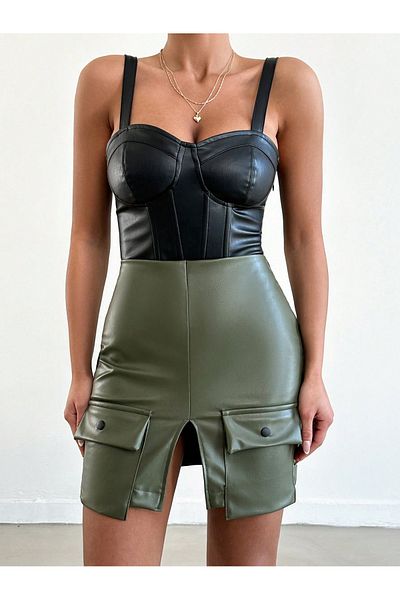 only moon Fusta mini de dama din piele artificiala de culoare kaki