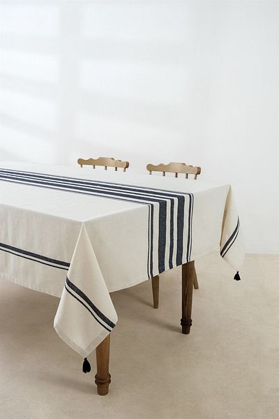 Denizli Concept Față de masă cu dungi bleumarin - Față de masă cu ciucuri 160x220 Cm - Tereza Sofra Düzen