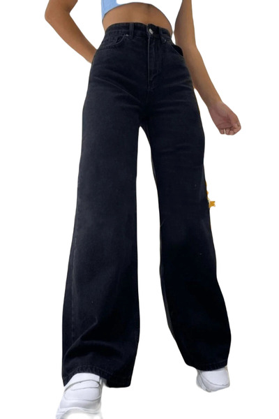 Livik Siyah Wide Leg Etkili Fermuarlı Süper Yüksek Bel Jeans Salaş Kot Pantol...