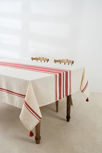 Denizli Concept Red Striped Tablecloth - Tasseled Tablecloth 160X220 cm - Tereza Sofra Düzen
