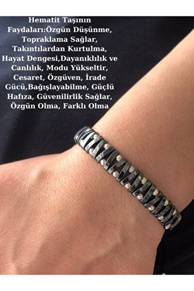 bymissmücevherat Doğal Hematit Taşlı Örgü 925 Ayar Gümüş Toplu Tasarım Bileklik (Zikzak Model)