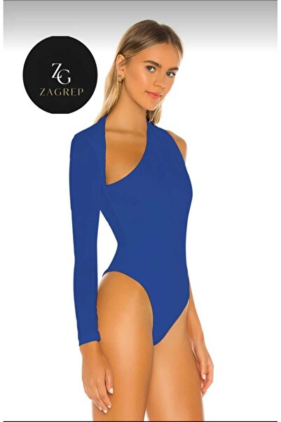 Zagrep Жіночий боді блакитного кольору з зібраними плечима і декольте спереду, імпортна тканина Zagrep Jarse, не просвічується.