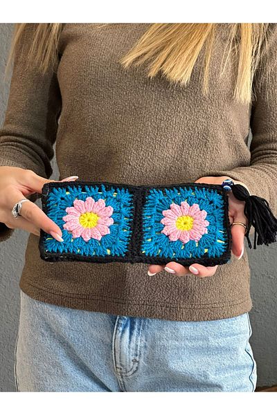 Gönülden Tasarım 20X10 CM TRICOTAT MÂNĂ PORTOfel CU FLORI HACĂ TELEFON GEANT DE MACHIAJ