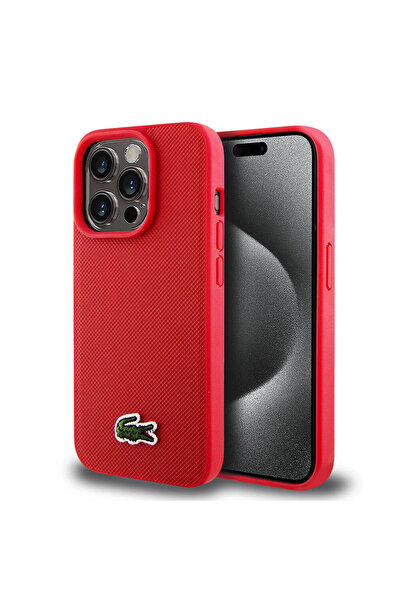 Lacoste iPhone 15 Pro Kılıf Lacoste Lisanslı PU Pike Desenli İkonik Timsah Do...