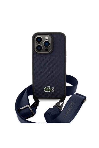 Lacoste iPhone 15 Pro Kılıf Lacoste Lisanslı PU Pike Desen Askılı İkonik Timsah Dokuma Logo Lacivert