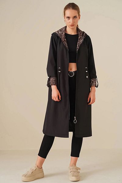 hazelin Women's Leopard Patterned Black Drawstring Waist Hooded Long Trench Coat HZL22W-BD190911