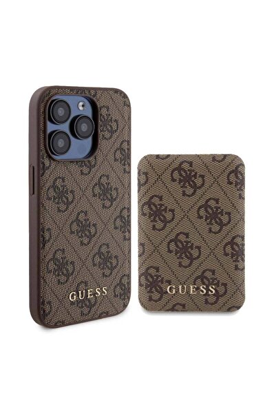 Guess iPhone 14 Pro Uyumlu Kılıf Guess Lisanslı Magsafe Özellikli Kapak + Powerbank 5000mAh Kahverengi