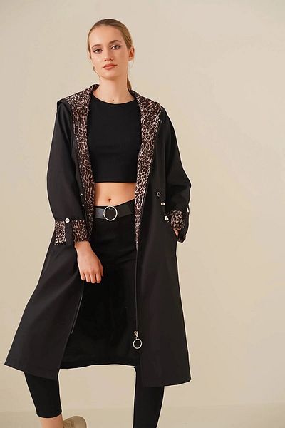 hazelin Women's Leopard Patterned Black Drawstring Waist Hooded Long Trench Coat HZL22W-BD190911