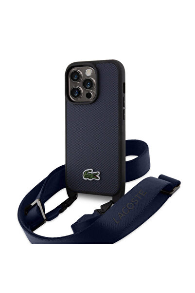 Lacoste iPhone 15 Pro Max Case Lacoste Licensed Pu Pique Pattern Strap Iconic Crocodile Logo Navy Blue