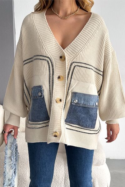 FEMELLE Cardigan de damă, bej, mărime standard, cu buzunar din denim cu nasturi