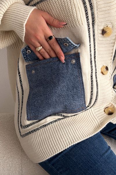 FEMELLE Cardigan de damă, bej, mărime standard, cu buzunar din denim cu nasturi