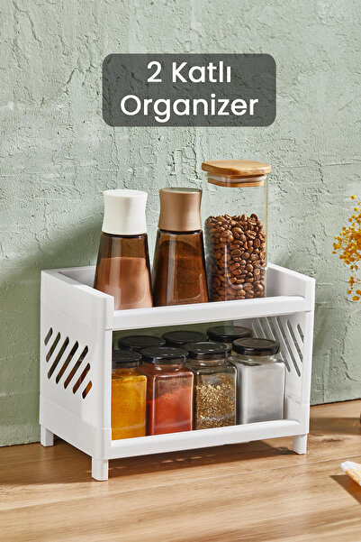 Meleni Home 2 Katlı Mutfak Tezgah Üstü Rafı Çok Amaçlı Dolap Baharatlık Düzen...