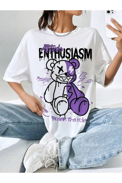 MANCY تي شيرت كبير الحجم برقبة دائرية من القطن بنسبة 100% مطبوع عليه دمية دب ...