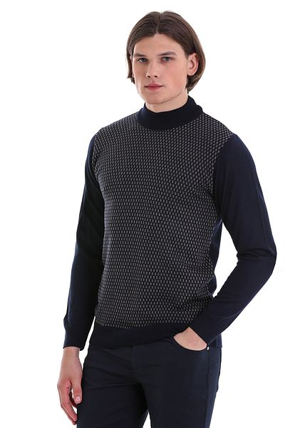 Hatemoğlu Navy Blue Regular Fit Jacquard Half Turtleneck Wool Knitwear Sweater