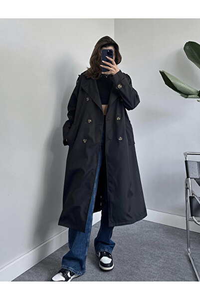 My Blog Black Button Detailed Belted Long Trench Coat