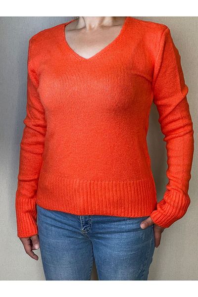 Gönülden Tasarım New Season Neon Orange - V-Neck Soft Women's Sweater Sweater