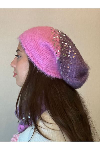 Gönülden Tasarım WOMEN'S BEANIE NECK COLLAR SET SEQUINED SEQUINED HAND KNITTED SOFT SET SUIT Purple