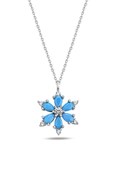 KAR DİAMOND 925 Ayar Gümüş Zincirli Firuze Damla Taşlı Lotus Kamelya Çiçeği K...