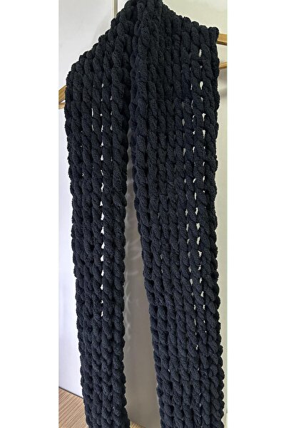 Puffy Alize 100% Pure Wool Hand Knitted Soft Black Wool Unisex Scarf 180 * 19 Cm