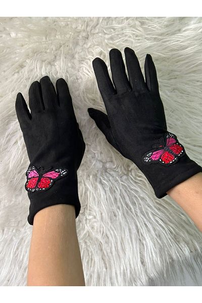 Gönülden Tasarım MĂNUȘI DE DAMA PIELE SUEDE TOUCH FINGER MĂNUȘI BRODATE FLUTURE