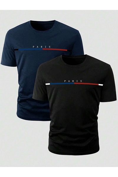 MOONBULL Men's PARIS Printed 2-Piece Oversize T-shirt with Six Lines Detail