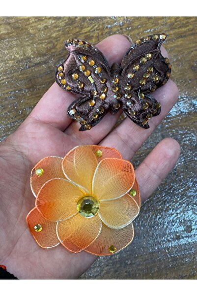 Gönülden Tasarım 7x7 Cm 2 Adet Broş Turuncu Çiçek Broş Kahverengi Kelebek Yak...