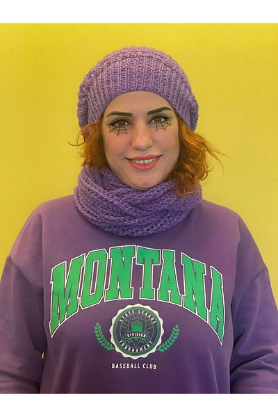 Gönülden Tasarım Hand Knitted Patterned Beret Neck Collar Soft Set Purple