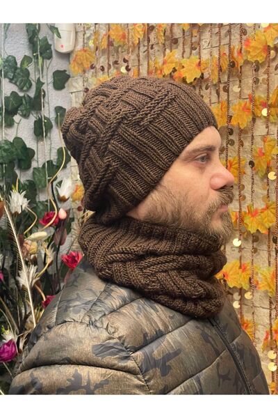 Gönülden Tasarım Hand Knitted Soft Wool Men's Beret Neck Collar Set Unisex