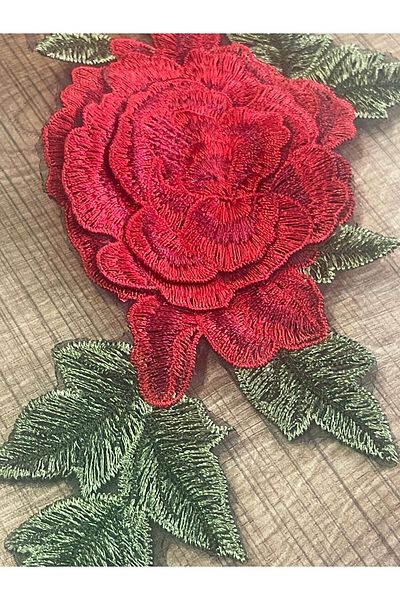 Gönülden Tasarım 24x12 cm Broderie în relief Broderie Trandafir și Frunze Verzi Applique Accesoriu de cusut Patch