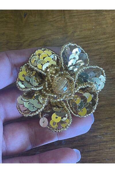 Gönülden Tasarım 5X7 PAYETLİ BONCUK İŞLEMELİ ÇİÇEK BROŞ YAKA İĞNESİ TÜRBAN İĞNESİ DAMAT İĞNELİK ALTIN