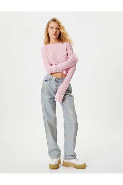 Koton Long Sleeve T-Shirt Asymmetrical Cut Textured with Stitching Detail