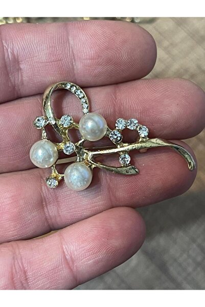 Gönülden Tasarım Zirkon Taşlı Inci Boncuklu Sarmaşık Broş Yaka Iğnesi Türban Iğnesi