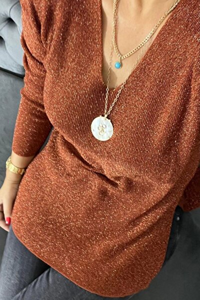 D'lavelle Kadın Bakır V Yaka Likralı Simli İnce Triko Bluz