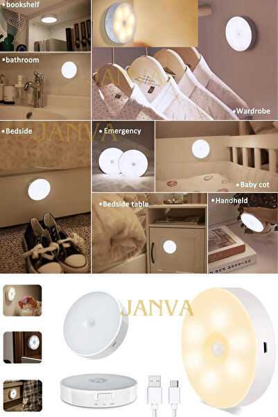 Janva Hareket Sensörlü Usb Şarjlı Spot Lamba Mıknatıslı Ve Yapışkanlı Beyaz Işık Led Koridor Mutfak Dolap
