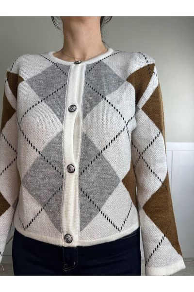 Muaz WOMEN'S BICYCLE COLLAR GRAY BACKLACE PATTERNED SILVER BUTTONED CARDIGAN