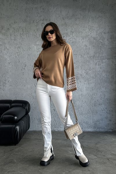 nosia fashion Плетено пуловер с шарени ръкави и кръгло деколте
