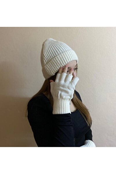 sema aksesuar Women's Winter Ecru Color Woolen Plain Beanie and Cut Fingers Gloves Set - Hat and Fingerless Gloves