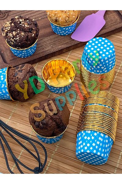 Yusuf Dirik YD Party Supplies Blue Gold Plaid Metallic Muffin Cake Mold 25 Pieces 50x39