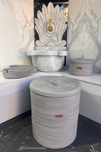 Türkmen Ev Tekstil Γκρι γιούτα, Σετ Καλάθι Πλυντηρίου 40x45, 2 Οβάλ με 1 Πόρτα