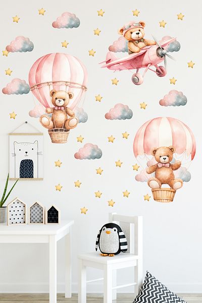 Sim Tasarım Cute Bears Clouds in Pink Airban and Pink Airplane Kids Room Wall Sticker