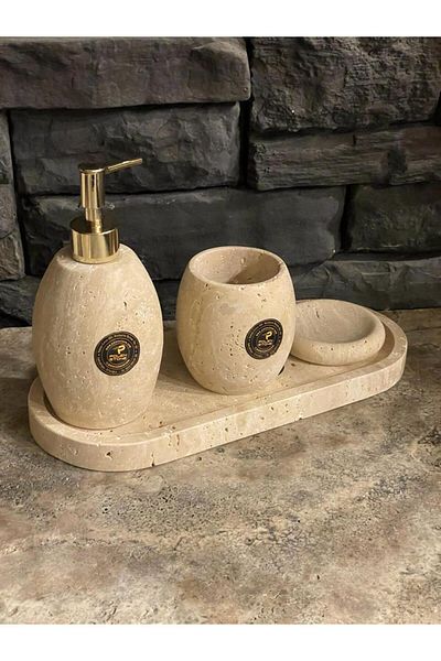 Polen Stone طقم حمام بيضاوي من 4 قطع مع إكسسوارات من الحجر الطبيعي من الترافرتين الخفيف (جديد)