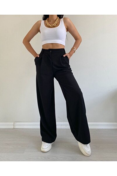 QİSSO Дамски черен панталон с висока талия и широки крачоли