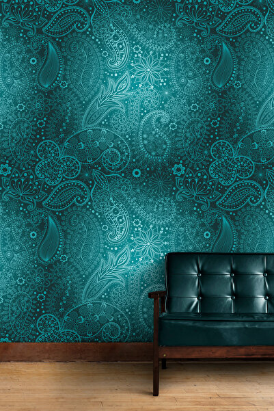 Plustablo Turkuaz Lale Temalı Osmanlı Sanatı Duvar Kağıdı, Retro İşyeri Duvar...